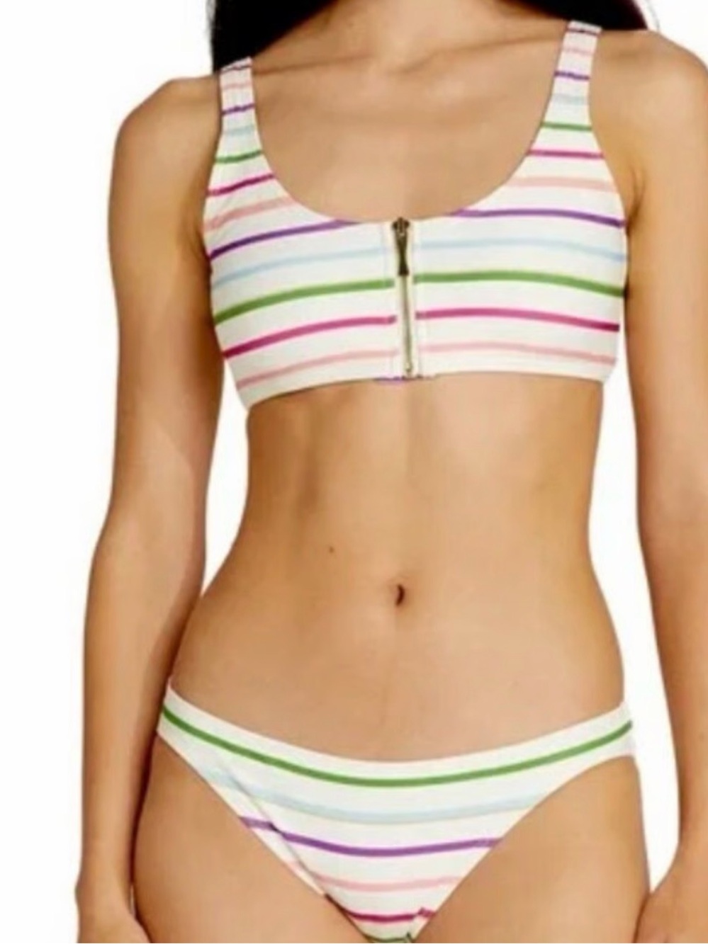 Kate Spade Party Stripe front-zip bikini top with multicolored stripes